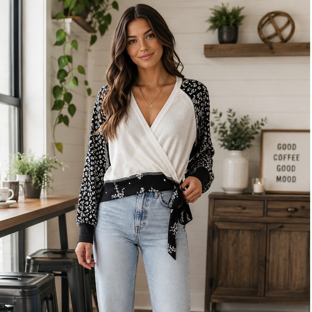 Free People Auxton Thermal Wrap Tie Top XS Black White Floral Boho Waffle